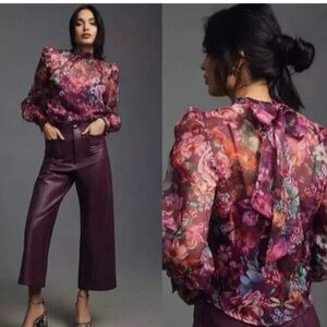 ANTHROPOLOGIE Women Organza Blouse Size L Purple Puff Sleeves Bow - So chic!